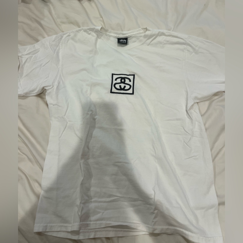 Stussy White Tee with Black Tag